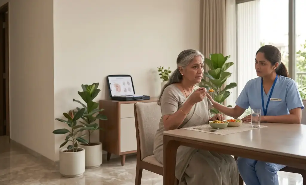 Home swallowing therapy for an elderly woman with swallowing difficulty