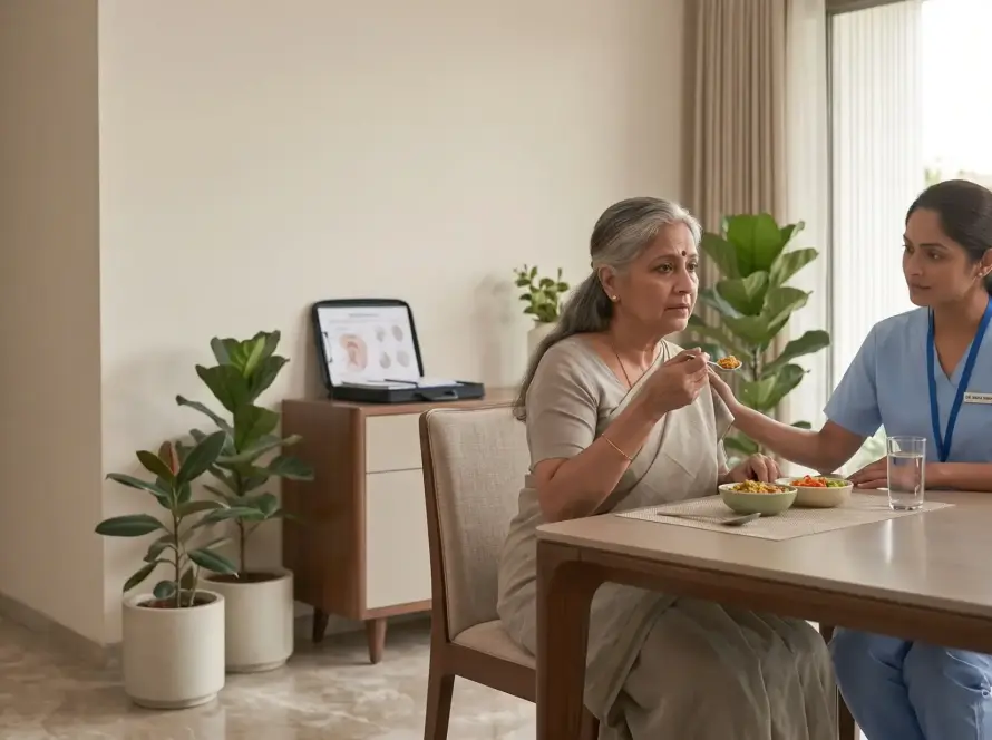 Home swallowing therapy for an elderly woman with swallowing difficulty