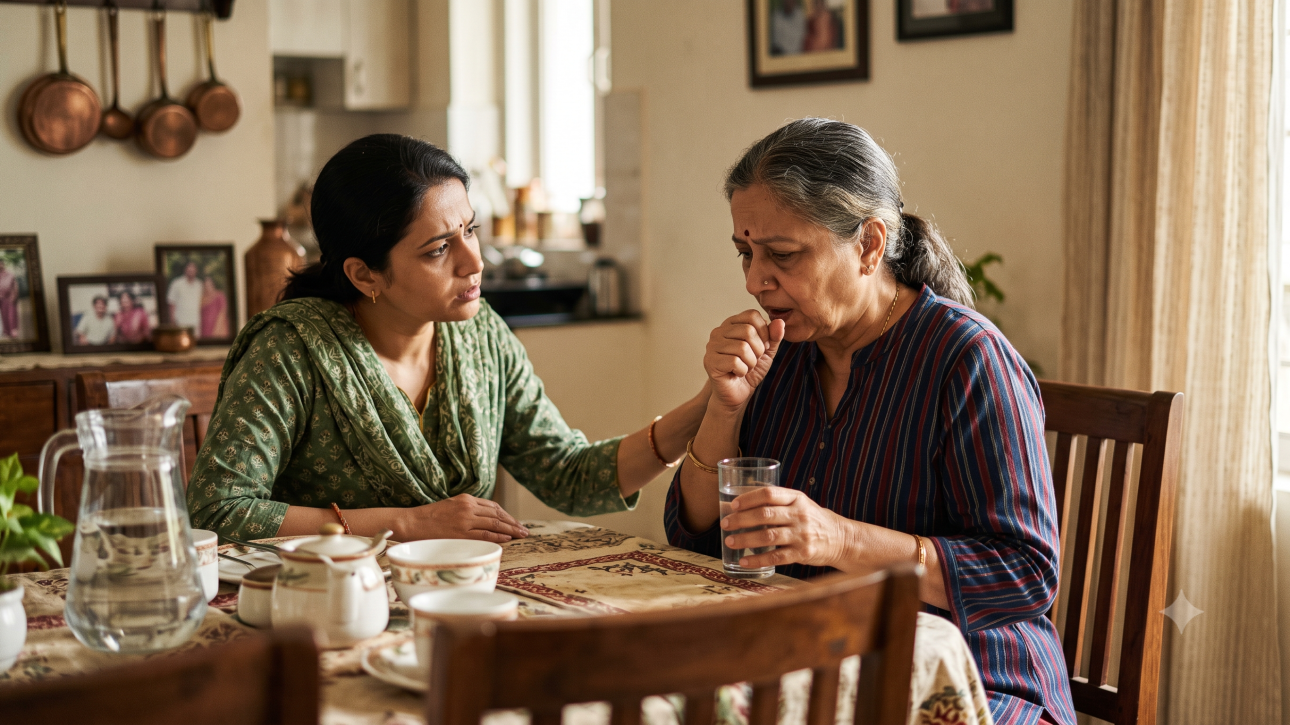 Elderly parent coughing while drinking water