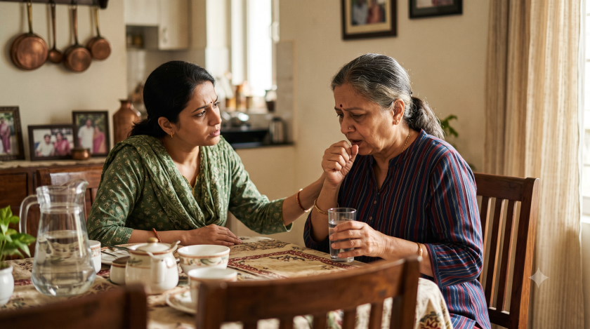 Elderly parent coughing while drinking water