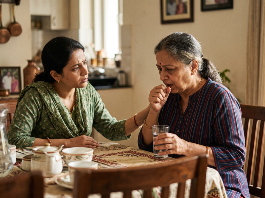 Elderly parent coughing while drinking water