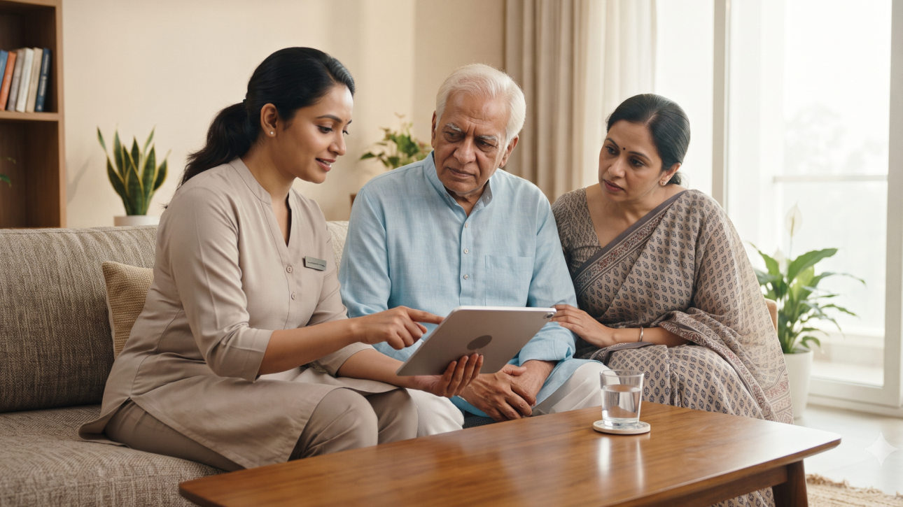 Swallowing therapist discussing swallowing problems with an elderly patient and family member