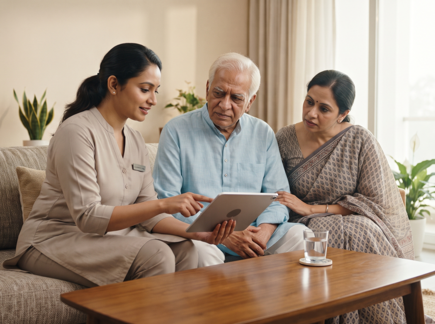 Swallowing therapist discussing swallowing problems with an elderly patient and family member