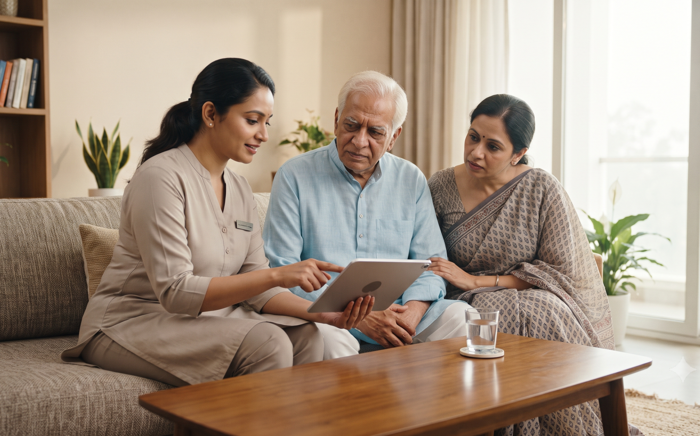 Swallowing therapist discussing swallowing problems with an elderly patient and family member