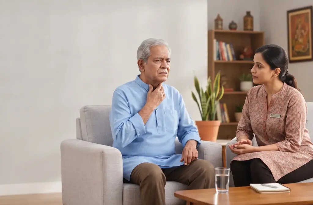 Elderly Indian man experiencing difficulty swallowing saliva at home