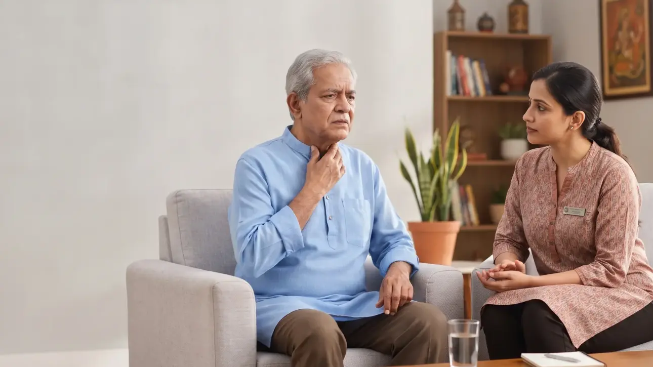 Elderly Indian man experiencing difficulty swallowing saliva at home