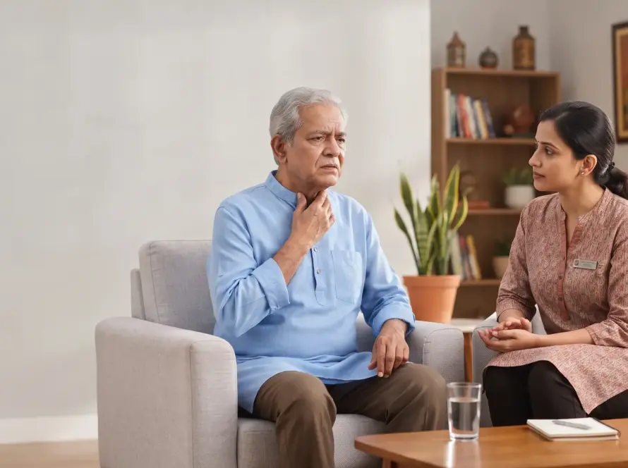 Elderly Indian man experiencing difficulty swallowing saliva at home