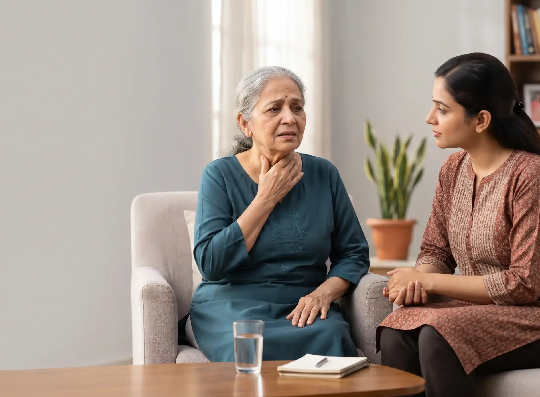 Elderly Indian woman experiencing swallowing difficulty while managing saliva